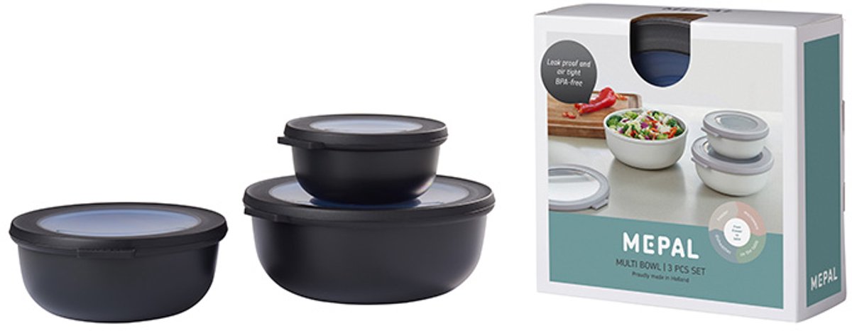 Mepal - set di contenitori per alimenti cirqula multiciotola - 350 + 750 + 1250 ml - rotondo - nero nordico