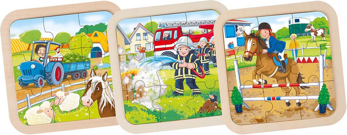 Goki Wooden Jigsaw Puzzle Farm, Fire Brigade, Horse, 9st.