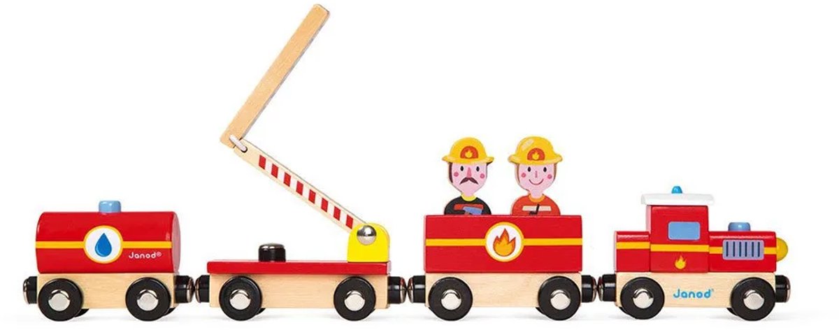 Storia di Janod - Treno dei vigili del fuoco - Treno magnetico - 4 vagoni magnetici e 2 pompieri - Adatto a partire da 3 anni