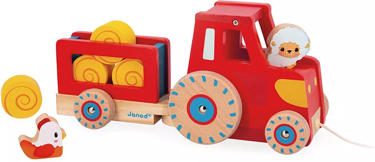 Janod - granja - figura de madera tirando - tractor