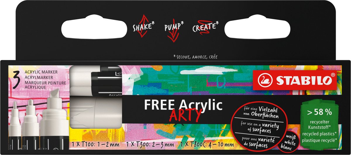 Stabilo free - pennarello acrilico - set punte miste - bianco - 3 diverse dimensioni di punta