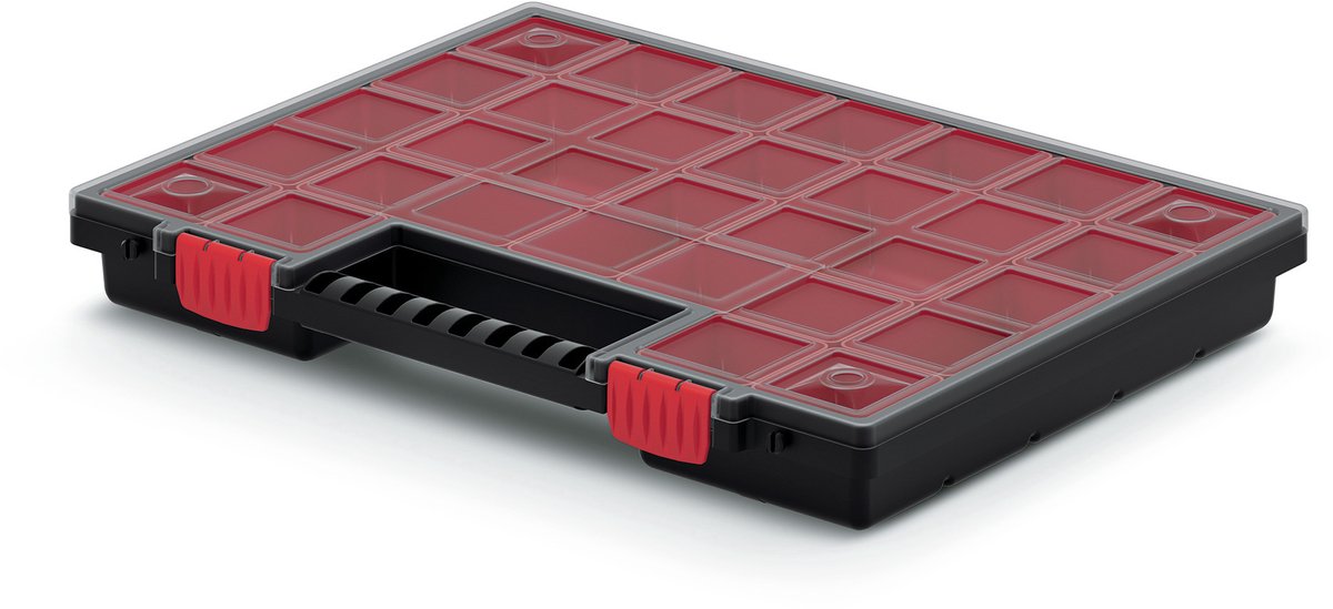 Caja de clasificación Kistenberg maleta con compartimentos - clavos tornillos objetos pequeños - 30 compartimentos - plástico - negro - 40 x 30 x 5 cm
