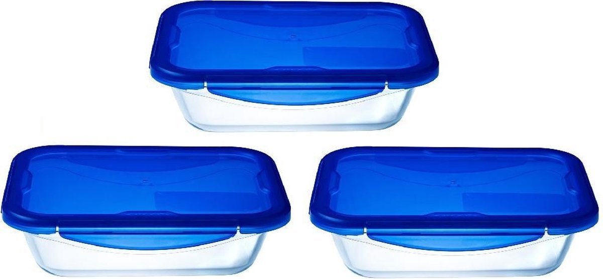 Pyrex - contenitore per il pranzo cook go con coperchio 800 ml set da 3 pezzi - blu trasparente