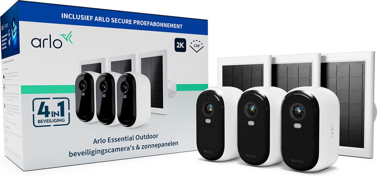 Telecamera di sicurezza esterna wireless Arlo Essential 2K e pannelli solari - 3 telecamere 3 pannelli solari