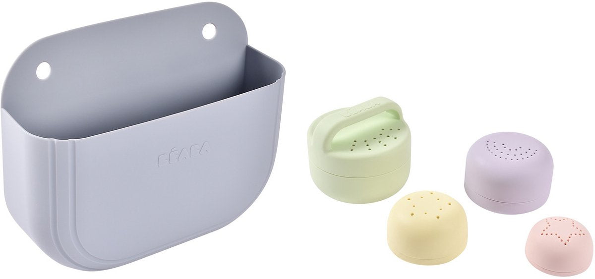 Set giochi da bagno Béaba - 4 pezzi + cestino portaoggetti - silicone - da 1 anno - per il bagno - ventose