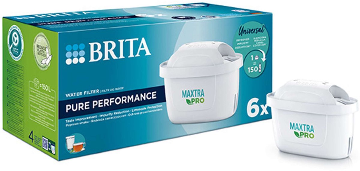 Brita waterfilterpatroon maxtra pro pure performance 6 pack - originele navulling voor alle kannen voor puur smakend kraanwater - filtert verontreinigingen zoals pfas*, chloor, kalkaanslag en metalen