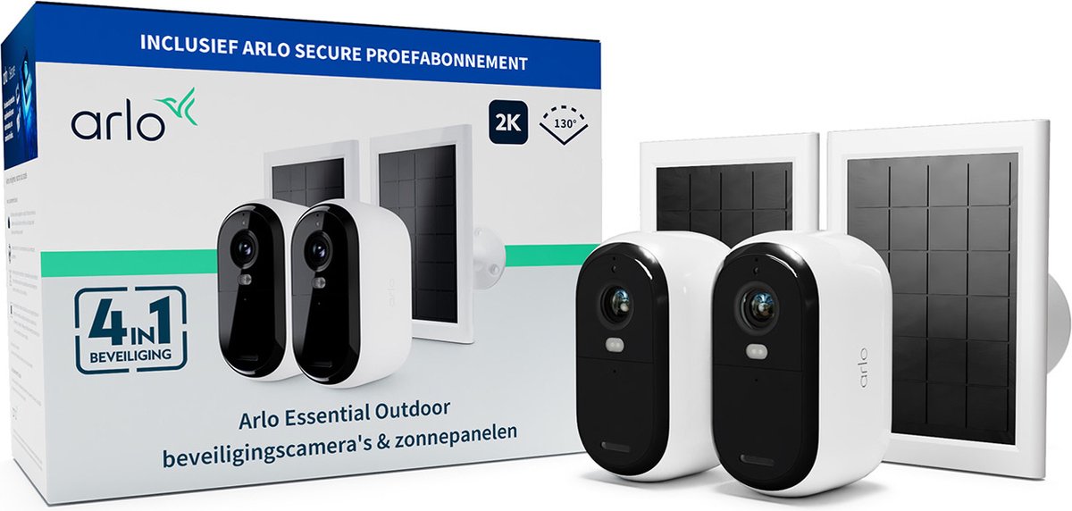 Telecamera di sicurezza esterna wireless Arlo Essential 2K e pannelli solari - 2 telecamere 2 pannelli solari