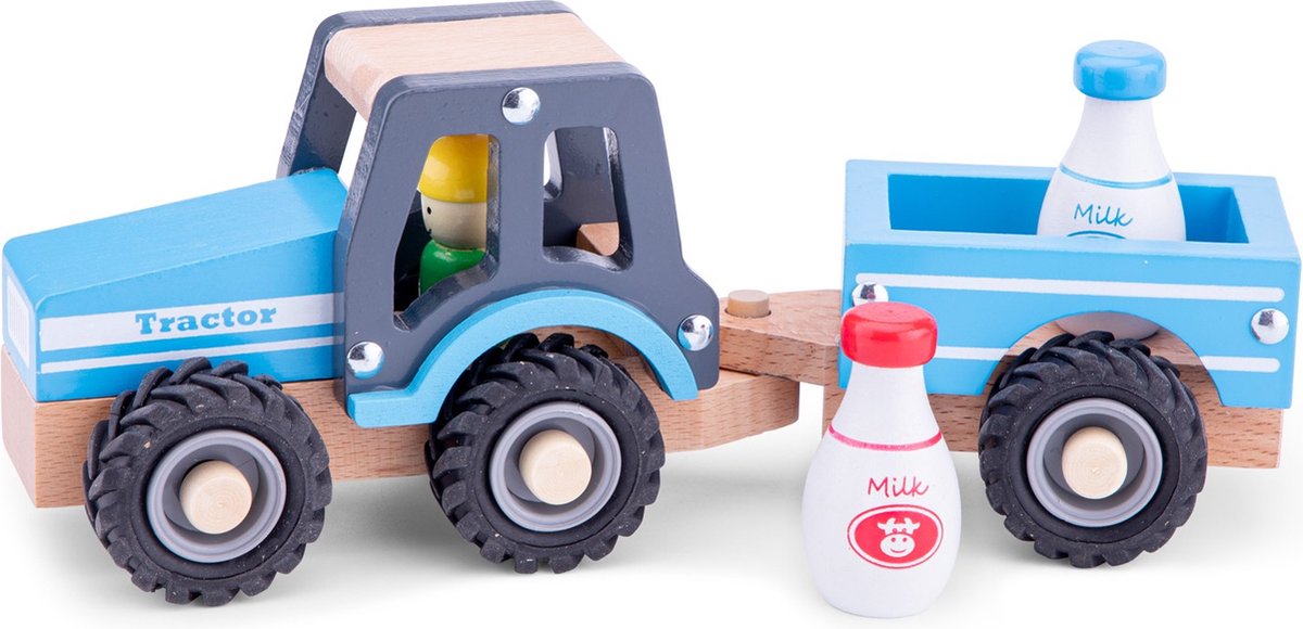 Trattore in legno Woet ® con rimorchio - inclusi 2 bidoni del latte - blu - veicolo giocattolo educativo - giochi di ruolo - da 18 mesi