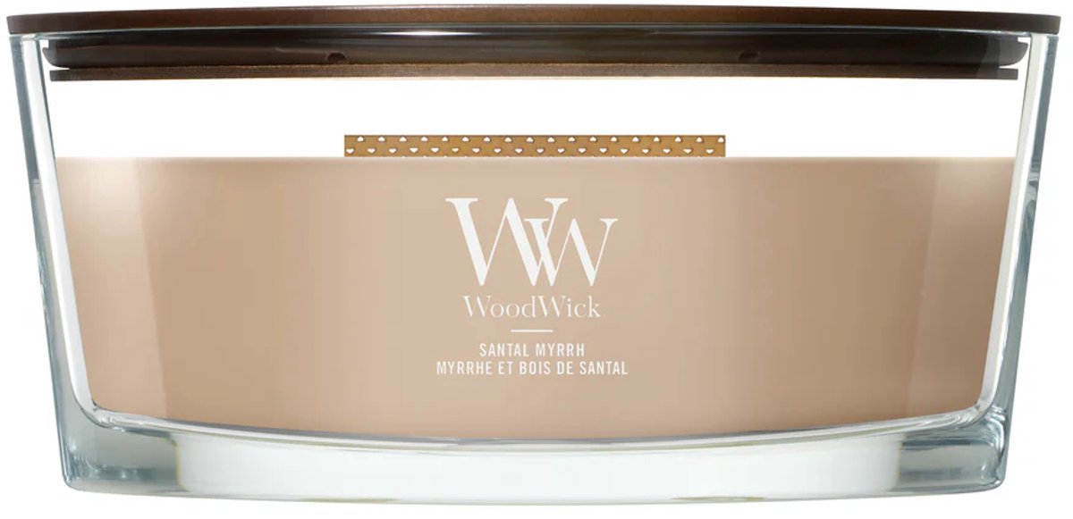 Vela perfumada Woodwick Heartwick Flame Ellipse - Mirra santal - 50 horas de combustión