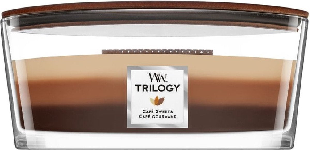Vela perfumada Woodwick Heartwick Flame Trilogy Ellipse - Cafe Sweets - 50 horas de combustión