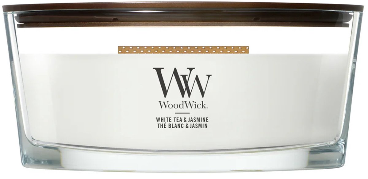 Vela perfumada Woodwick Heartwick Flame Ellipse - té blanco jazmín - 50 horas de combustión