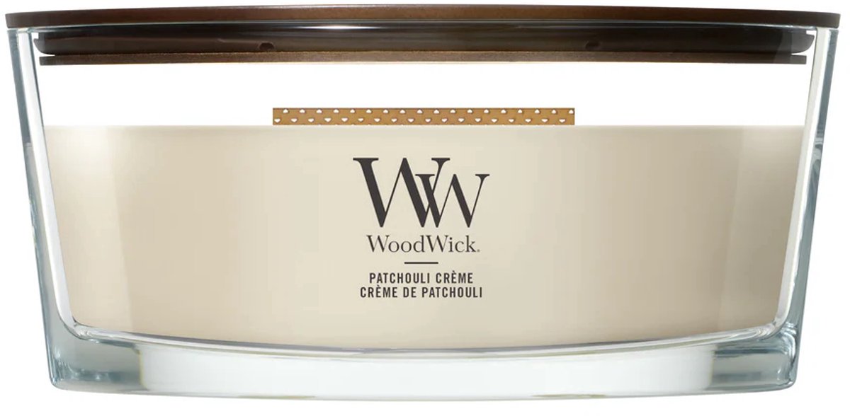 Vela perfumada Woodwick Hearthwick Flame Ellipse - crema de pachulí - 50 horas de combustión