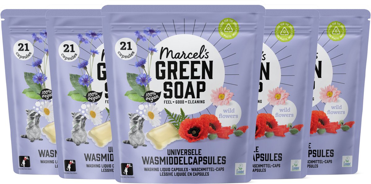 Capsule detergenti per sapone verde Marcel's - cialde detersive - fiori di campo - 5 x 21 pezzi - 105 lavaggi