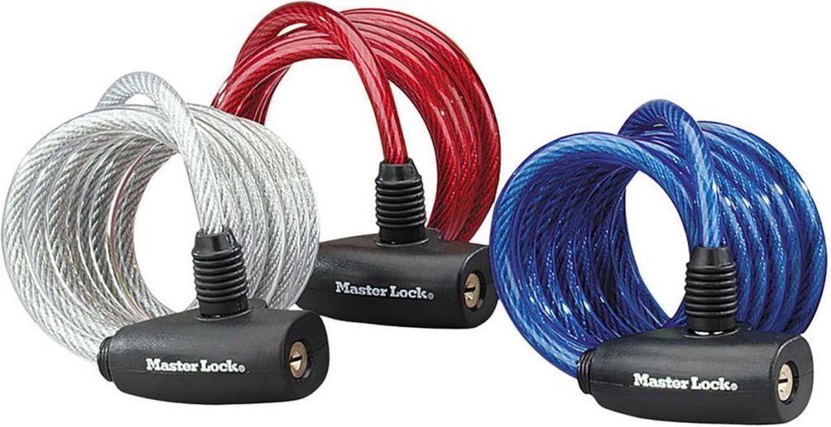 Masterlock kabelslot met stiftcilinder 1,8 m x ø8 mm, set van 3, kleurtoepassing