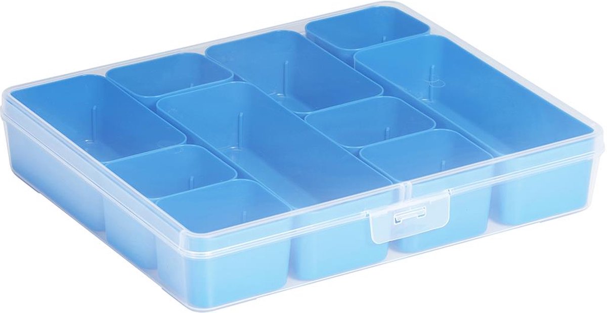 Sunware - q-line opbergdoos met 10 bakjes 3,6l transparant blauw - 29,6 x 25 x 5,2 cm