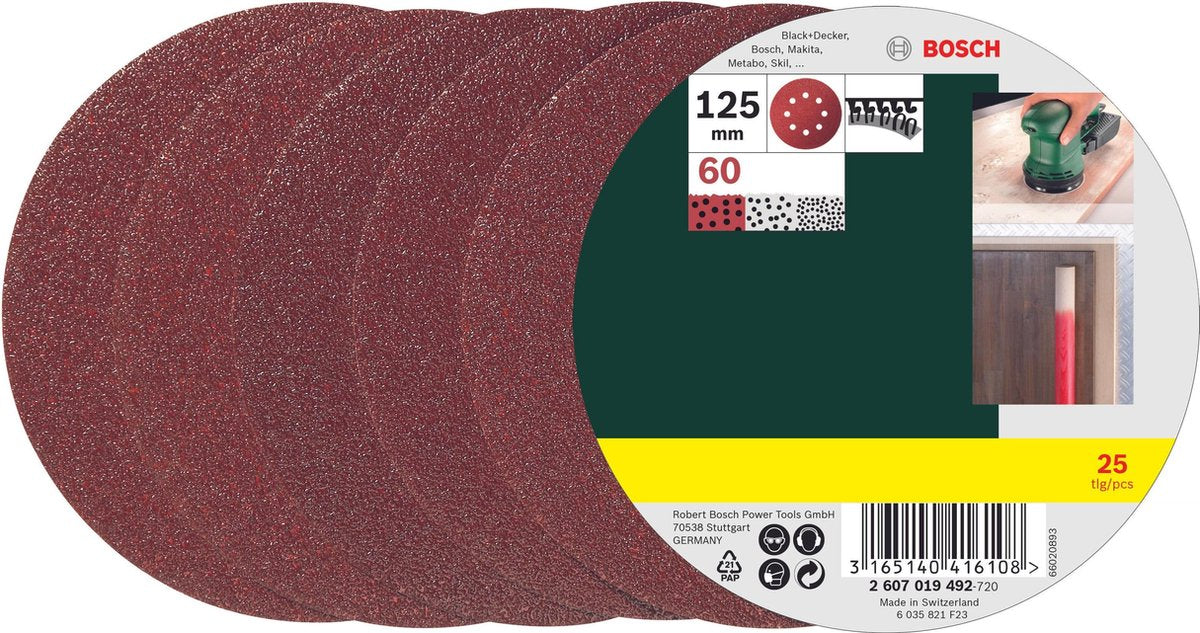 Juego de hojas de lija Bosch de 25 piezas para lijadoras excéntricas de 125 mm - grano 60