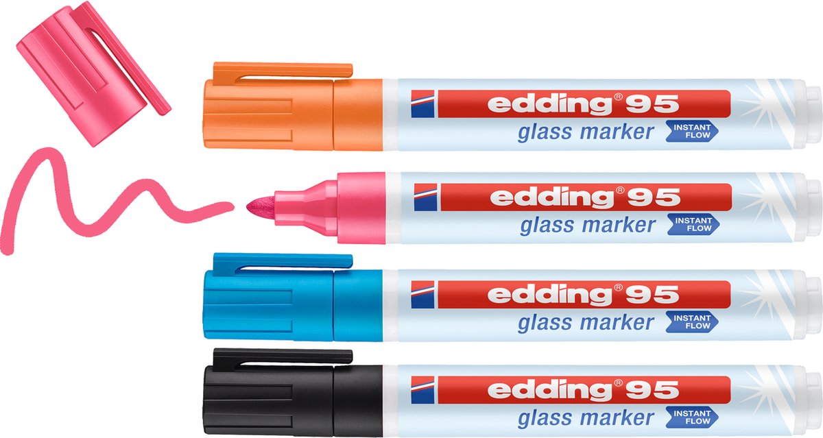 Juego de rotuladores de cristal Edding 95 4 s - surtido de 4 piezas: negro, naranja, rosa, azul claro - se puede utilizar directamente sin sistema de bomba - 1,5-3 mm