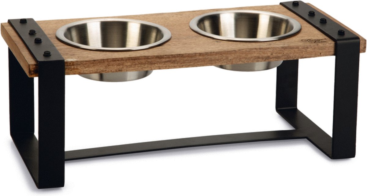 Designed by lotte karinto voerbak hond - dinerset - eetbak drinkbak hond - hout metaal - 2x650ml - size m