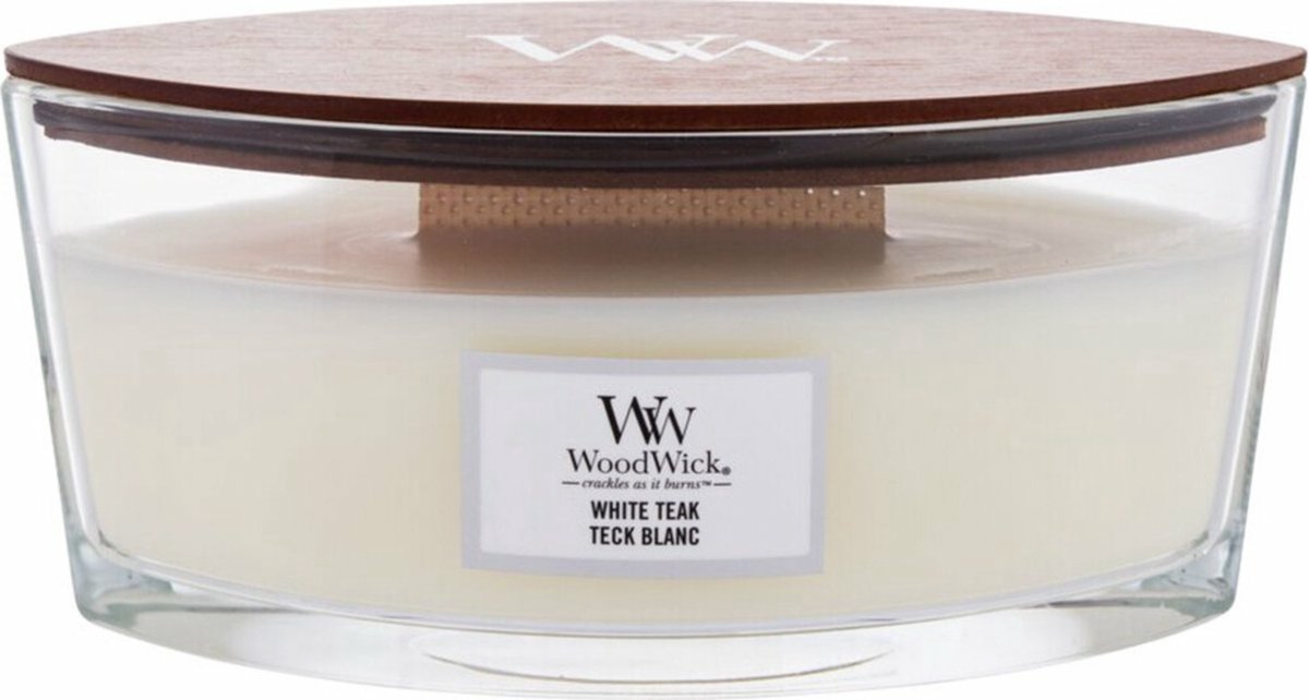 Vela perfumada Woodwick Heartwick Flame Ellipse - teca blanca - 50 horas de combustión