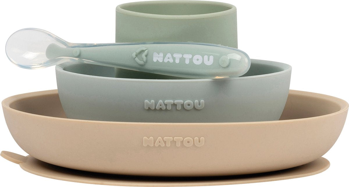 Nattou Vajilla infantil de silicona de 4 piezas - plato + bol + taza + cuchara - antideslizante - Sin BPA - arena verde