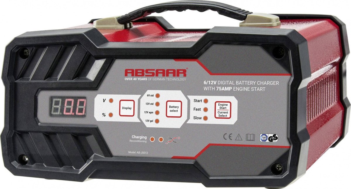 Absaar acculader + jumpstarter 6 12 volt 25-120 ah 12 ampère rood