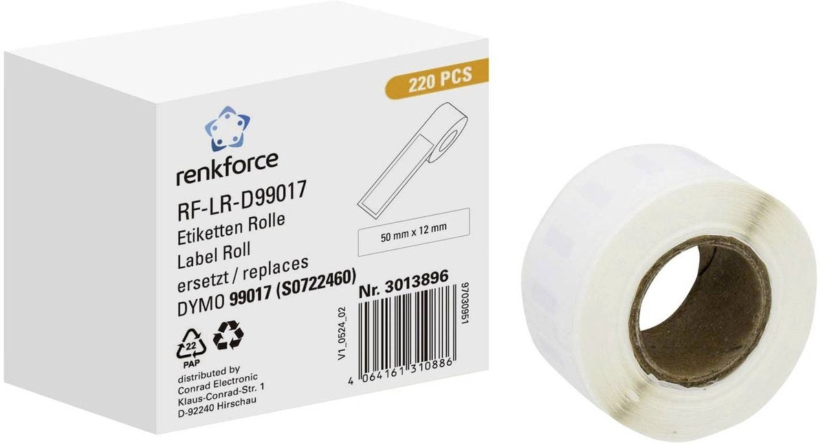 Renkforce rf-6027792, wit, zelfklevend printerlabel, doorlopend etiket, rol, papier, direct thermisch