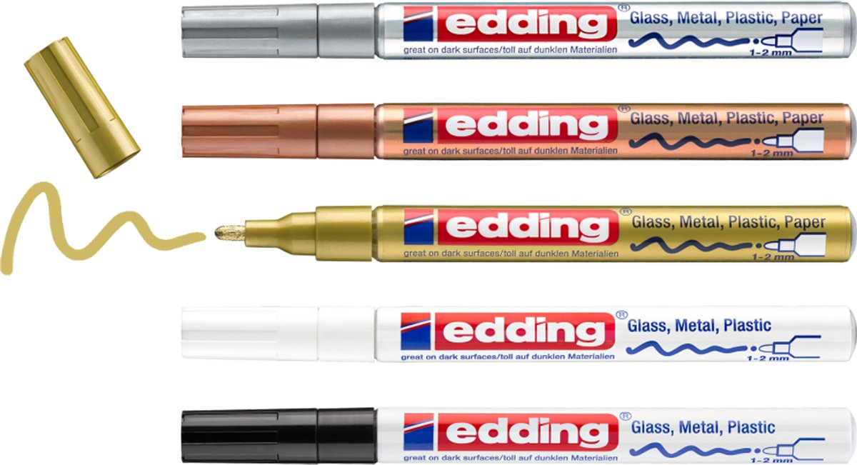 Edding glanslakmarkers e-751 – 5 metallic kleurige verfstiften – ronde punt van 1-2 mm