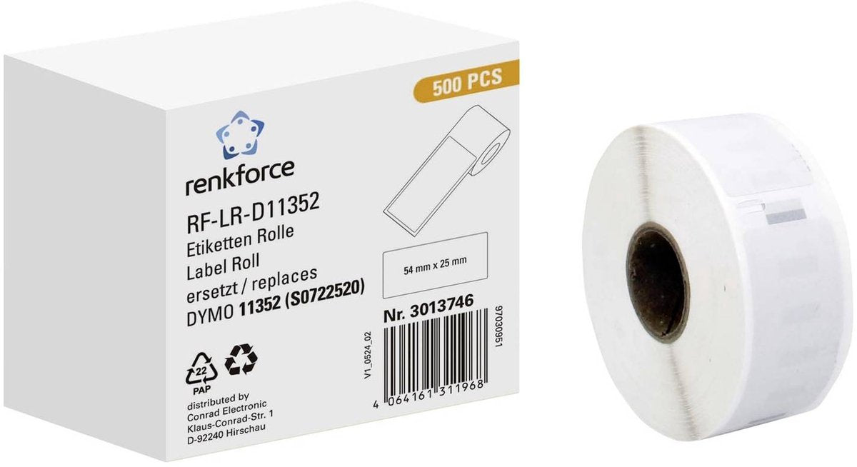 Renkforce rf-6027492, wit, zelfklevend printerlabel, doorlopend etiket, rol, papier, direct thermisch