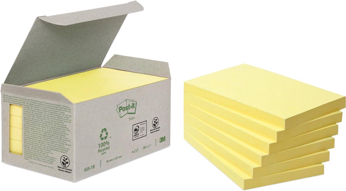 Blocco post-it 655-1b riciclato 76x127mm giallo canarino 6 pezzi