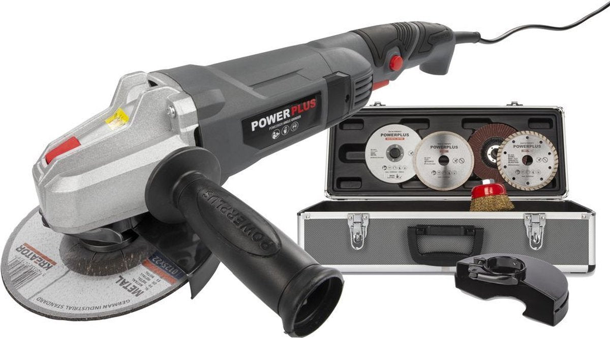Amoladora angular eléctrica powerplus poweset2 - amoladora 900w - disco abrasivo 125mm ᴓ, compacta, con 6 accesorios, estuche para guardar
