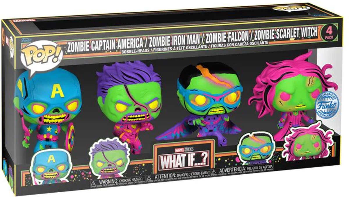 Funko pop marvel: ¿y si pop de 4 paquetes (luz negra)