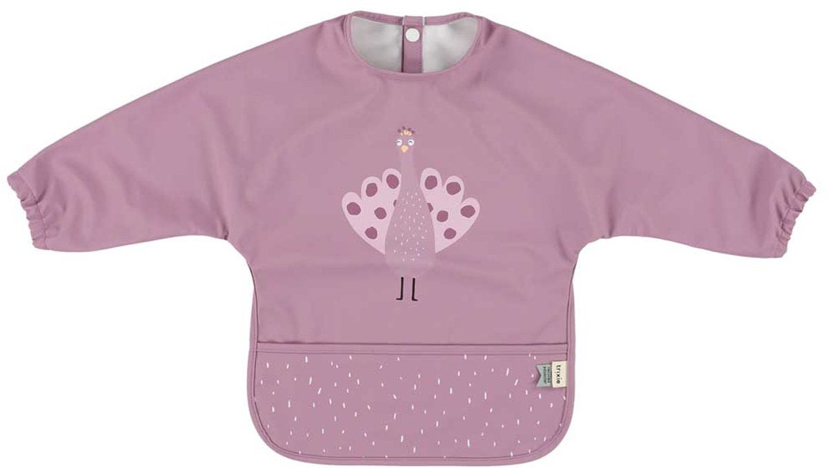 Trixie | bavaglino lavabile con maniche - mrs. pavone - per neonati e bambini piccoli 2-4 anni - facile da pulire - viola