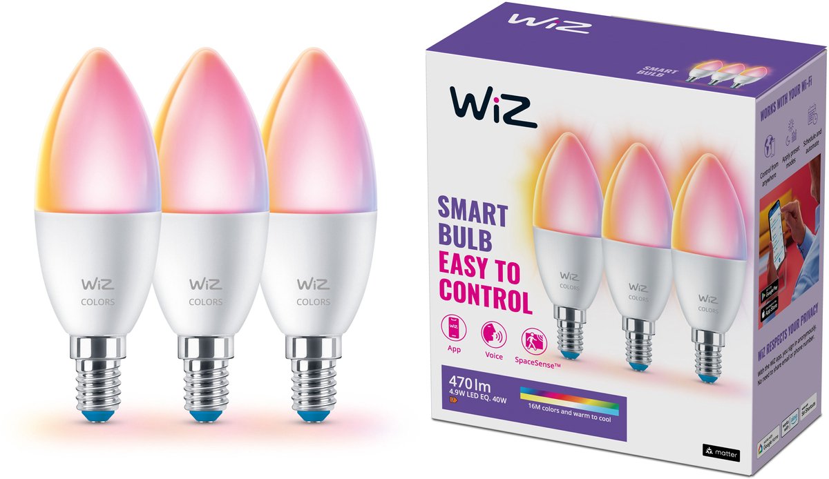 Wiz kaarslamp 3-pack - gekleurd en wit licht - slimme led verlichting - e14 fitting - 40w - mat - wi-fi