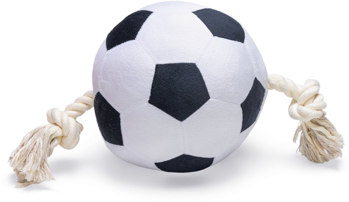Beeztees pallone da calcio con corda - giocattolo per cani - peluche - bianco e nero - 36x19x19 cm