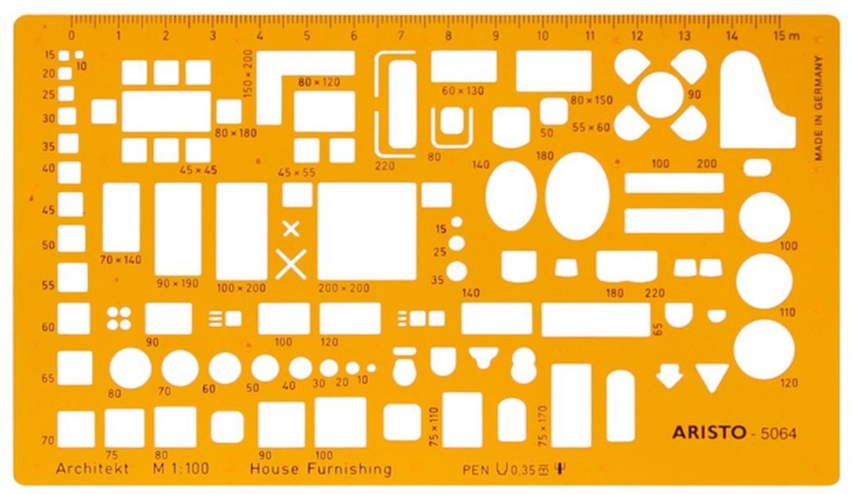 Aristo architecten meubelsjabloon - schaal 1:100 - met inktnoppen - oranje transparant - ar-5064