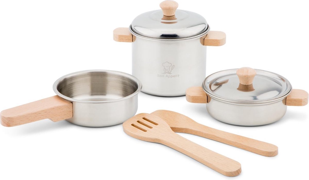 Woet ® metalen pannenset - 7-delige set met houten kookgerei - speelgoed keukenset - speelgoedkeuken accessoires voor kinderen - rollenspel keukenspeelgoed - vanaf 2 jaar
