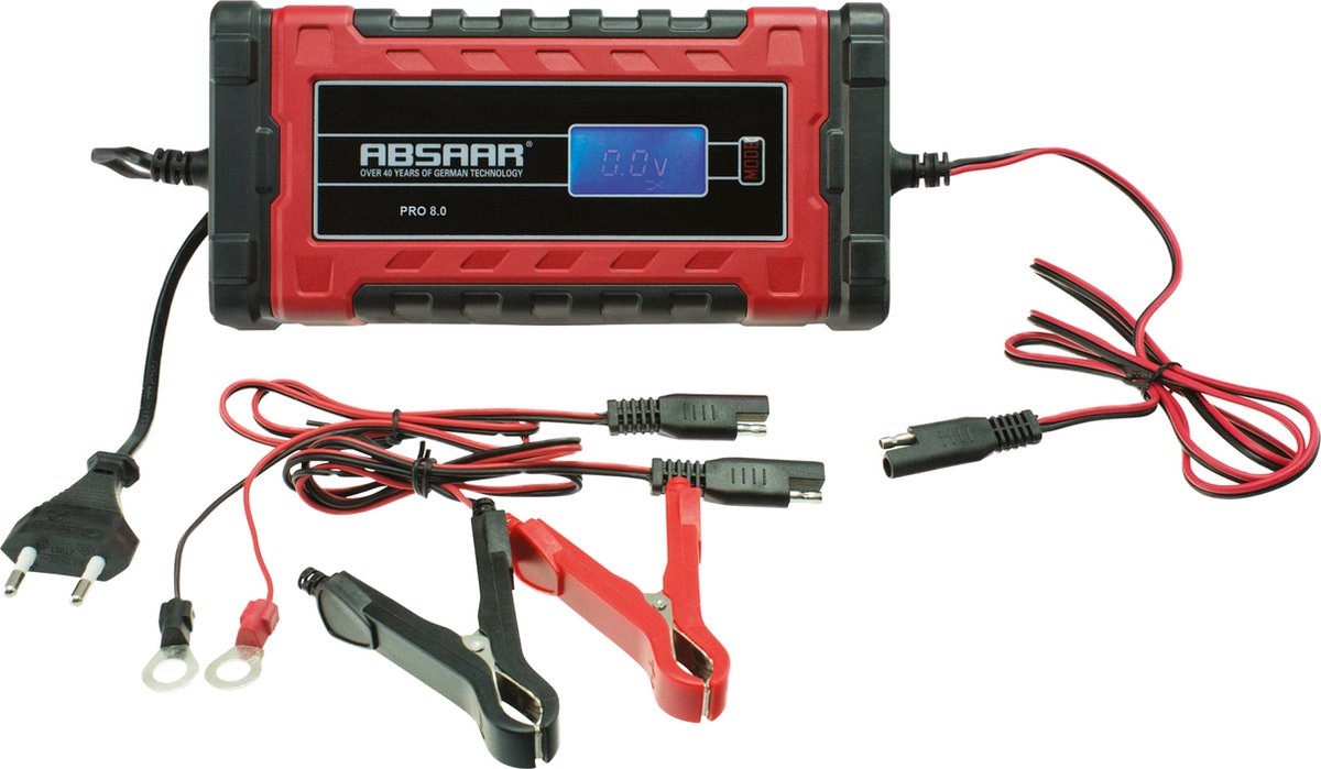 Absaar acculader pro 8.0 12 24 volt 0-160 220 ah 8a rood zwart