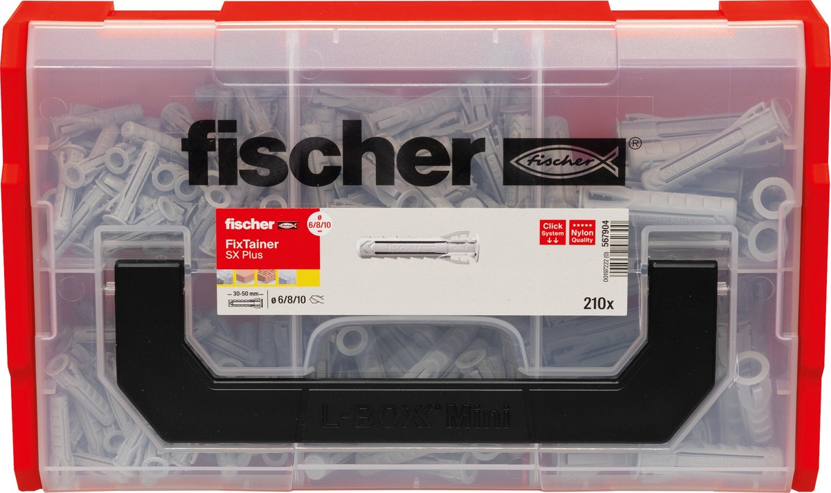 Fissatore Fischer Scher – plug sx plus 6, 8 e 10 | 210 pezzi in una pratica scatola portaoggetti