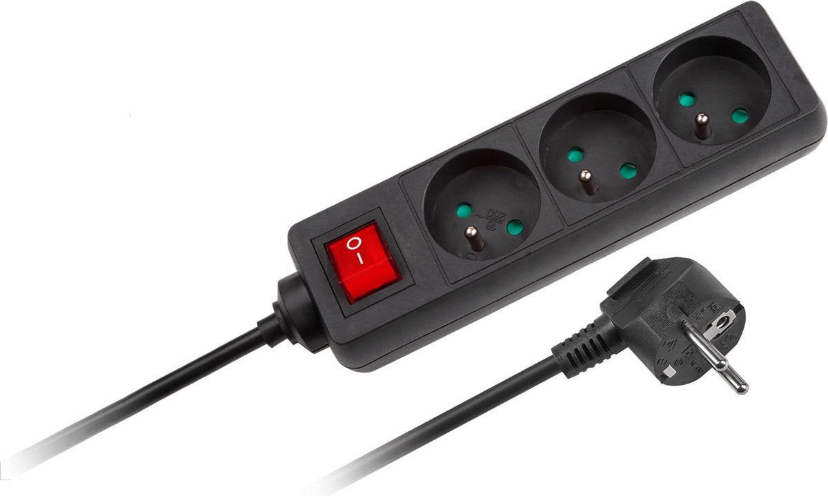 Rebel - regleta con interruptor - 3 vías - cable de extensión - 3 enchufes - 1,5 m - negro - urz3197-1.5
