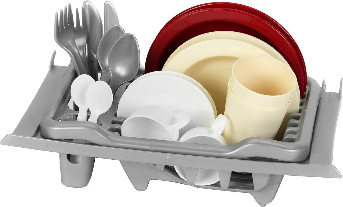 Giocattoli Klein - cestello per i piatti - incl. guide scorrevoli, set di posate, stoviglie e set da caffè - grigio rosso