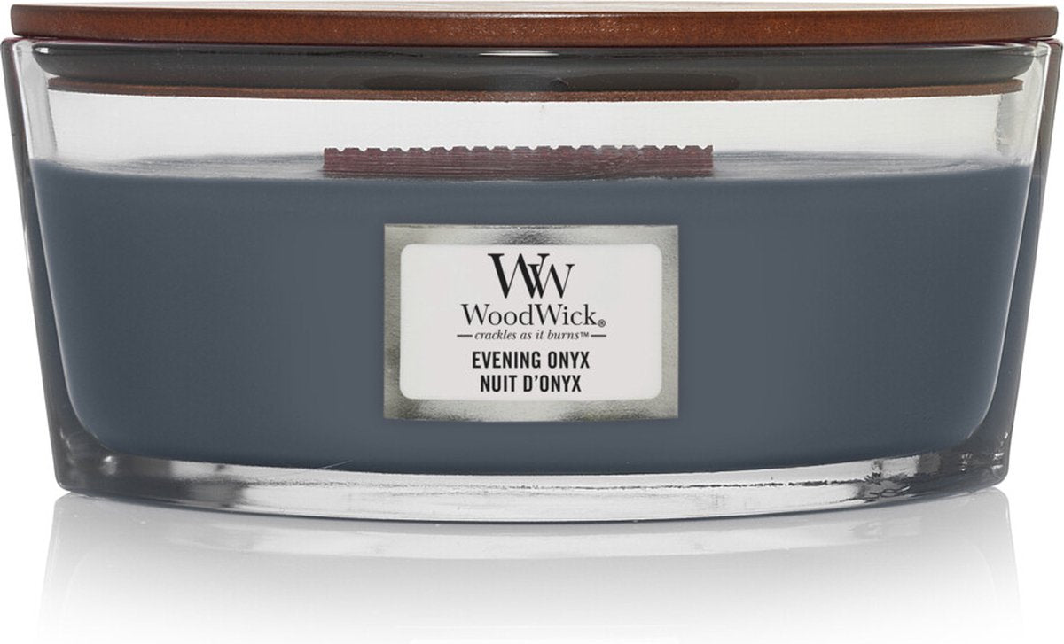 Vela perfumada Woodwick Heartwick Flame Ellipse - ónix vespertino - 50 horas de combustión