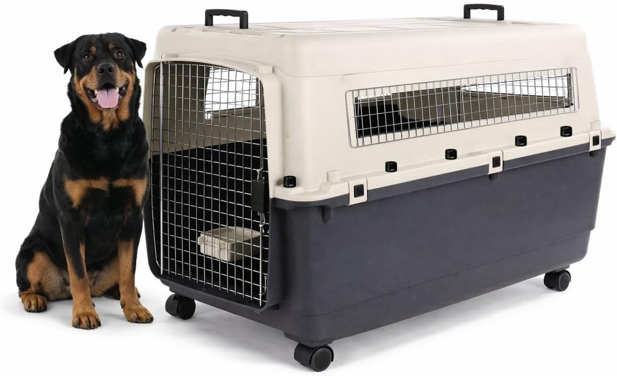 Flamingo travel crate dog - car crate - transport box dog - fomad dark gray xxl (70x100x69.5 cm) - plastic - with metal door safety lock - including food and drink pot wheels -
