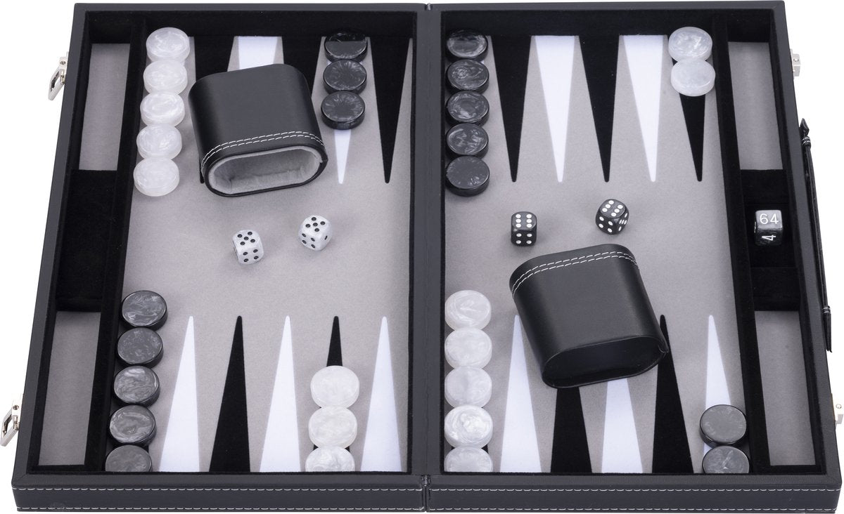 Engelhart backgammon 15 inch - zwart, wit grijs ingelegd bord - kunstlederen koffer met handvat -