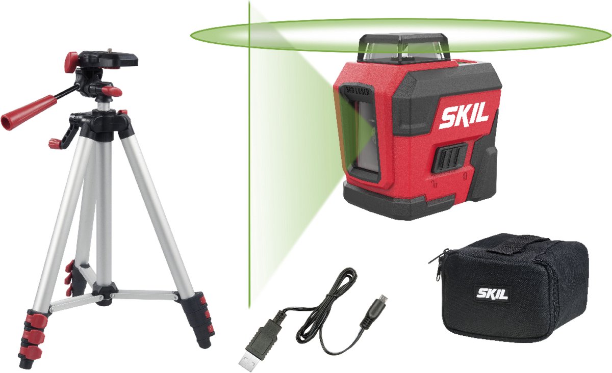 Láser de líneas cruzadas Skil 360° con trípode - láser de construcción autonivelante - alcance de trabajo de 30 metros - con bolsa de transporte, cable de carga USB para batería