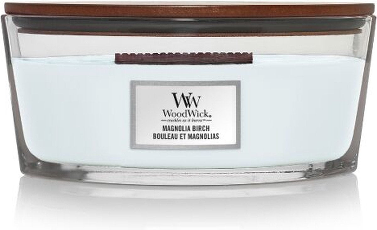 Vela perfumada Woodwick Heartwick Flame Ellipse - Abedul Magnolia - 50 horas de combustión