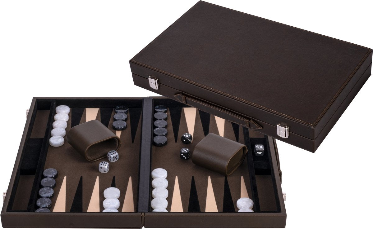 Longfield backgammon 15 inch - olijfgroen crème ingelegd bord - luxe lederen koffer - inclusief stenen, dobbelstenen werpbeker - engelhart