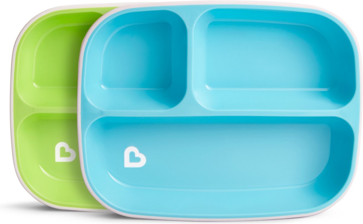 Piatti antiscivolo Munchkin con 3 scomparti - antispruzzo - lavabili in lavastoviglie e microonde - per 2 pezzi - piatti per bambini - verde blu