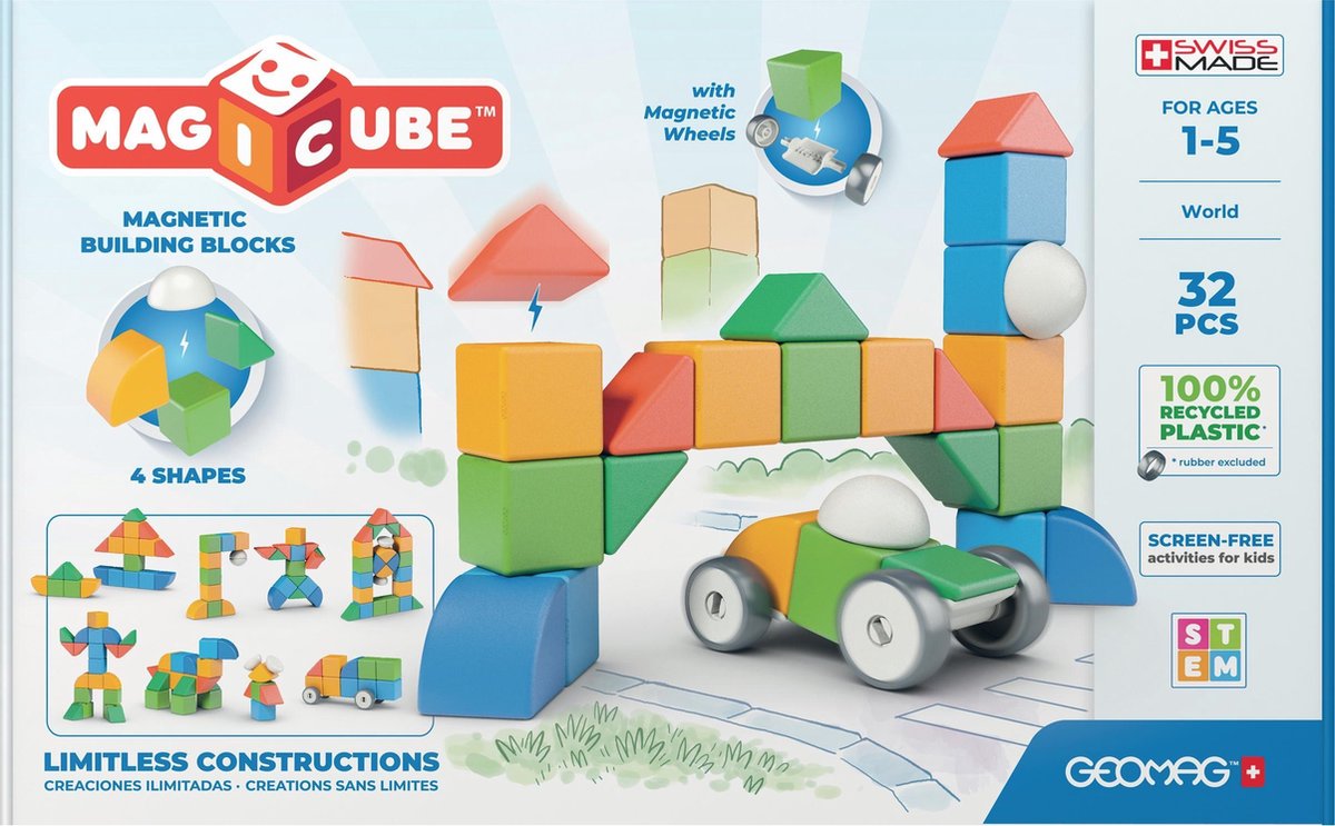 Geomag magicube 4 forme di blocchi mondo riciclato - mattoncini magnetici - 32 pezzi - da 3 anni