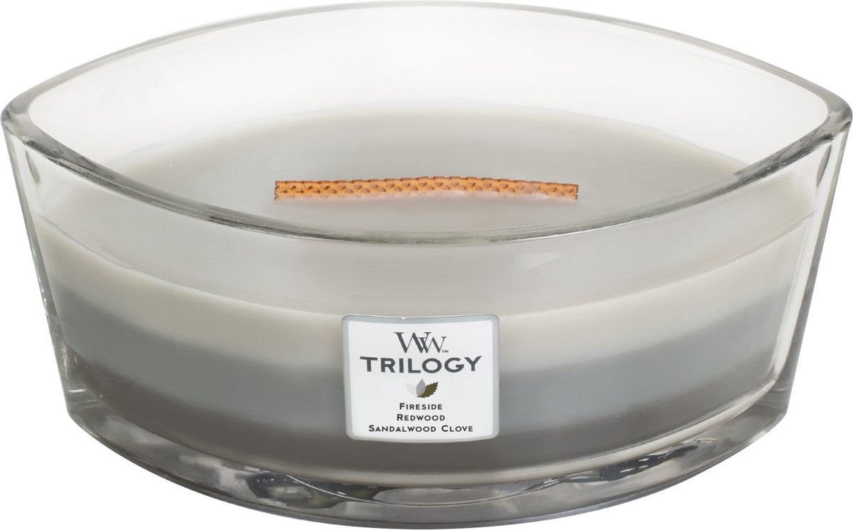Vela perfumada Woodwick Heartwick Flame Trilogy Ellipse - Maderas cálidas - 50 horas de combustión