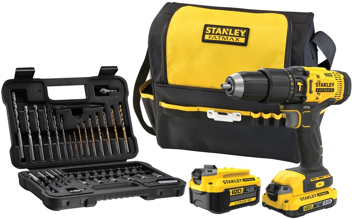 Cacciavite Stanley Fatmax V20 18V con set di accessori da 50 pezzi in borsa morbida (con batteria da 2,0 Ah e 4,0 Ah e caricabatterie) SFMCD711DMA-QW
